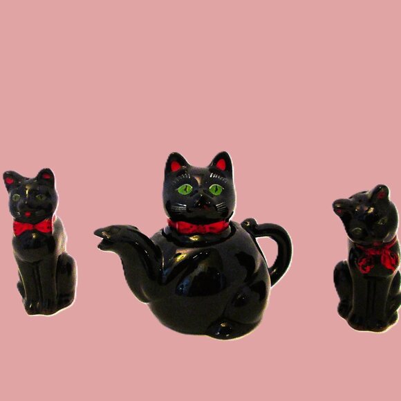 Vtg Shafford Ebony black red bowed cat teapot with salt & pepper black grown cat - Picture 7 of 15